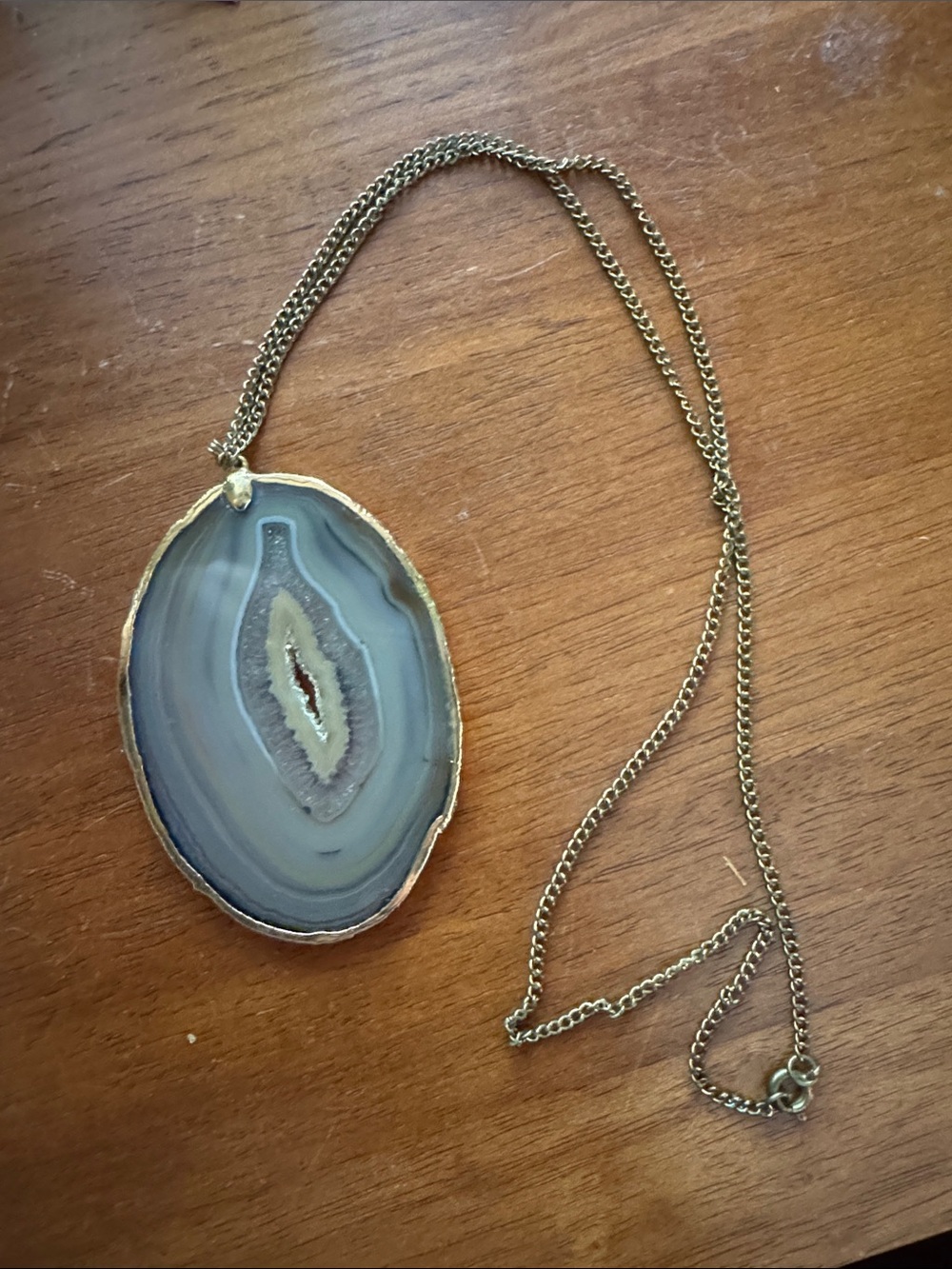 Gold-Trim Gray Agate Slice Pendant Necklace - Women Jewelry
